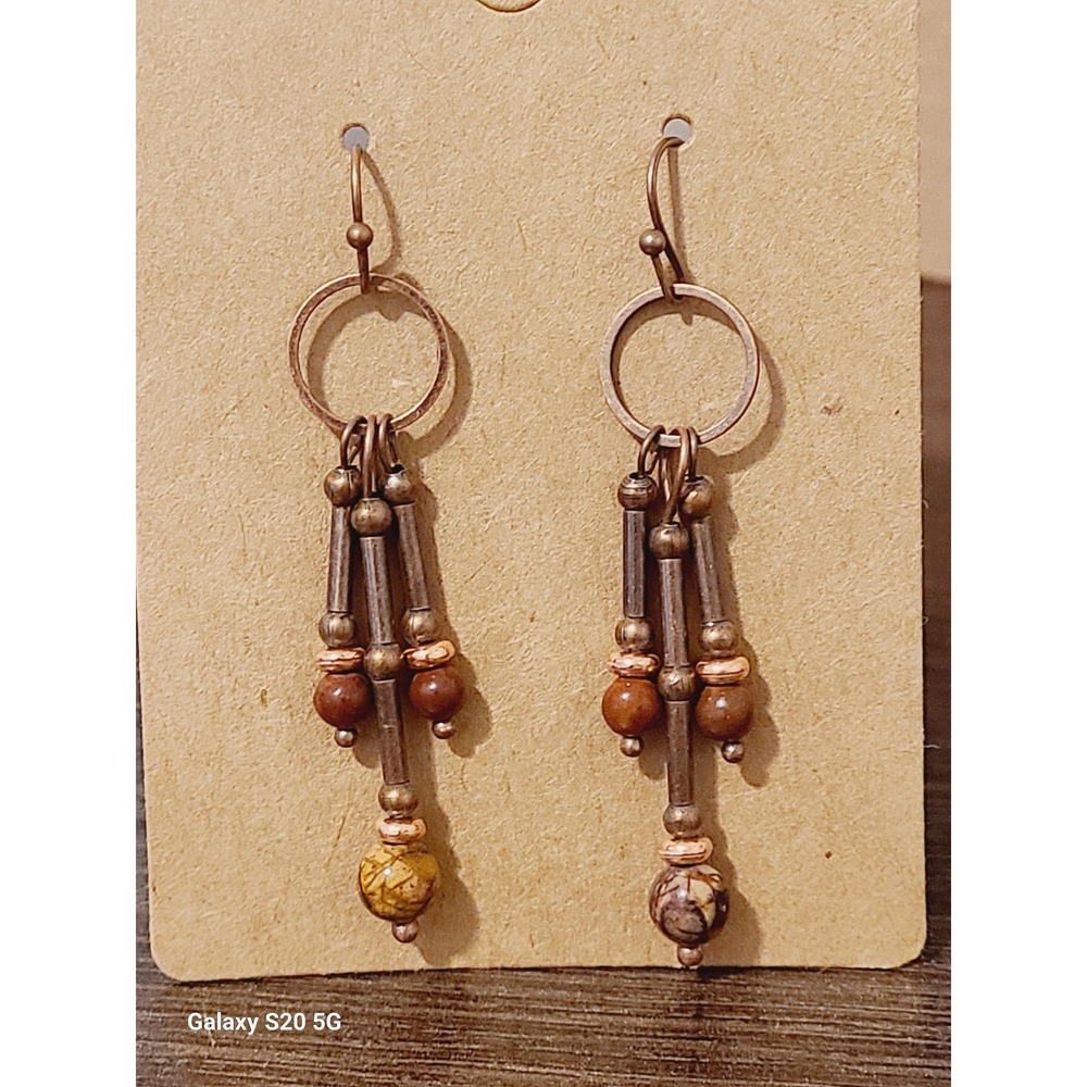 Boho Copper Tone Dangle Earrings Natural Stone Beads Tiered Tassel Statement
